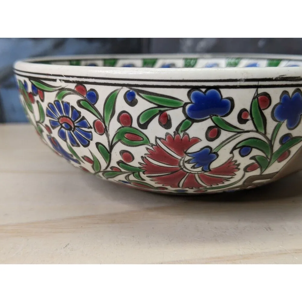 Hand painted Signed Small Turkish Bowl Red Green Floral Deer Trinkets Jewelry